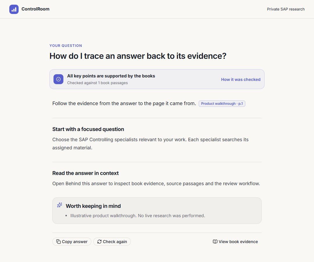 ControlRoom’s research view, showing a sample question, a structured answer and the book-evidence action.