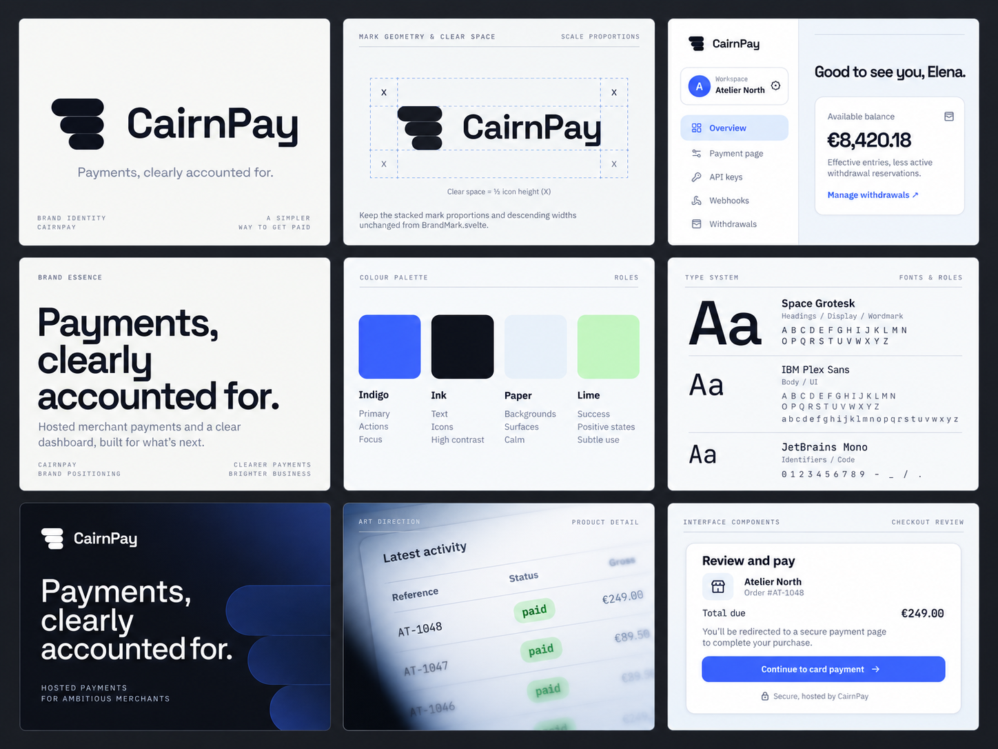 Nine-panel CairnPay identity presentation showing marks, colour, typography and digital applications