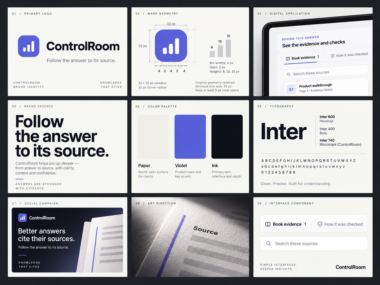 Nine-panel ControlRoom identity presentation showing marks, colour, typography and digital applications