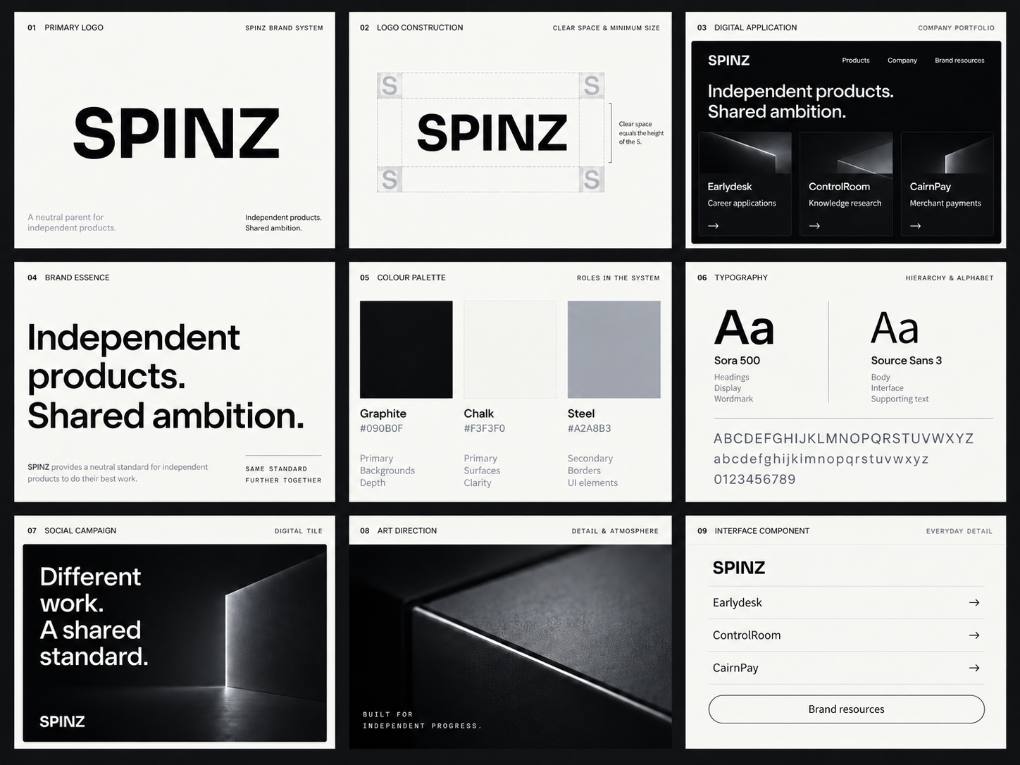 Nine-panel SPINZ identity presentation showing marks, colour, typography and digital applications